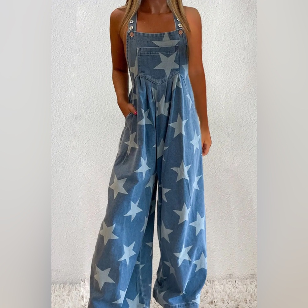Denim Star-Print Wide-Leg Overalls - Blue